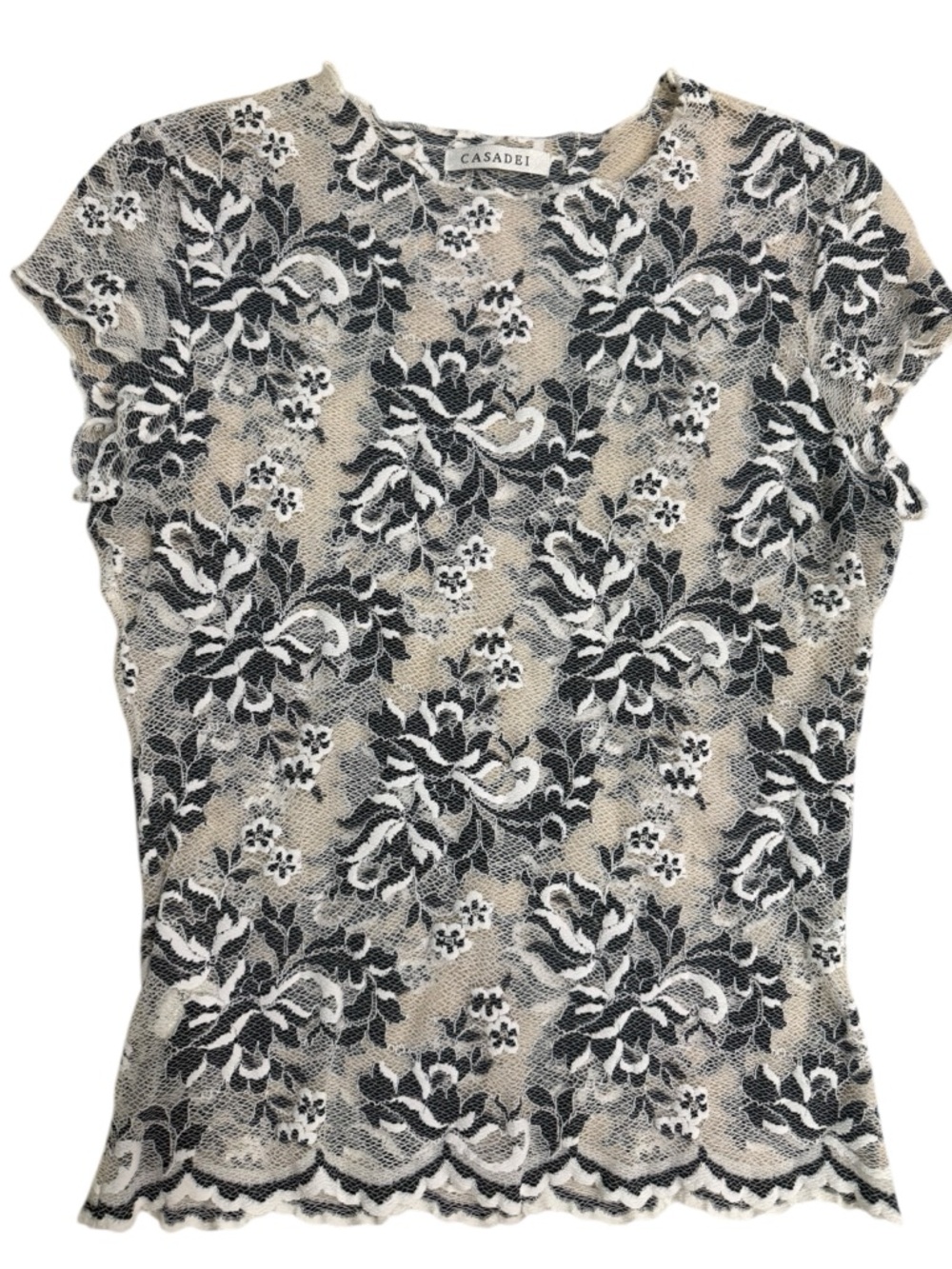 CASADEI  Sheer Floral Leavers Lace Scalloped Hem Top black/white Size Large
